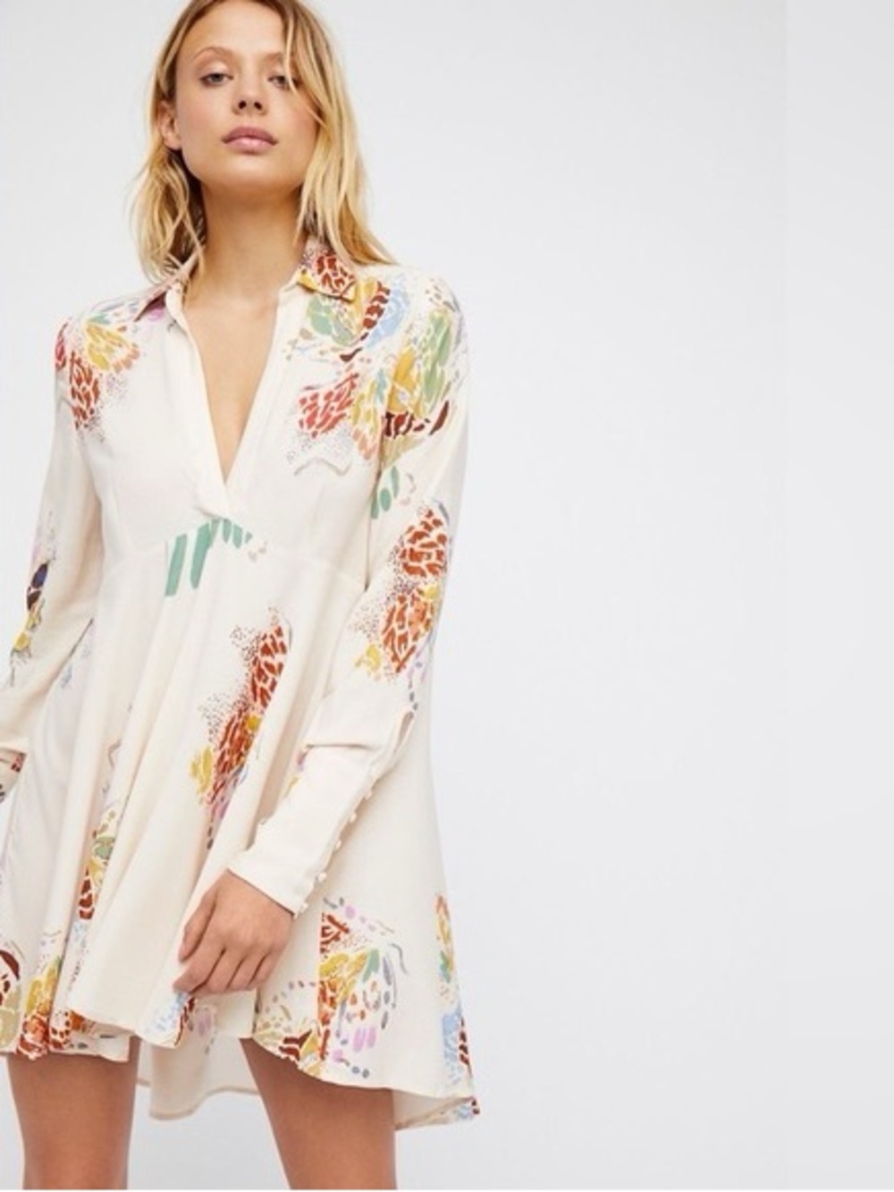 Free People Field of Butterflies Tunic Mini Dress Ivory Cream Multicolor Rainbow
